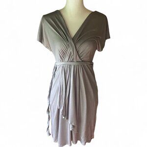 LOFT gray tie waist faux wrap flutter hem mini dress S modal balletcore boho